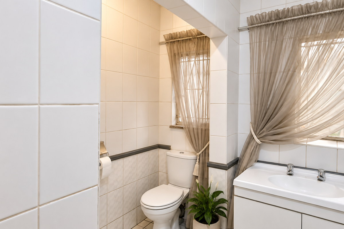 A functional bathroom featuring tiled walls, a vanity basin, and a toilet, with natural light provided by windows.