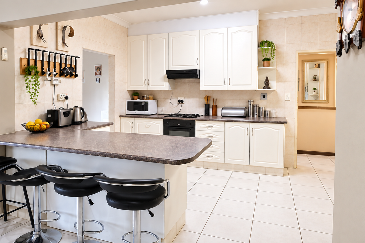 A functional kitchen featuring white cabinetry, a breakfast bar, built-in oven and hob, and tiled finishes throughout.