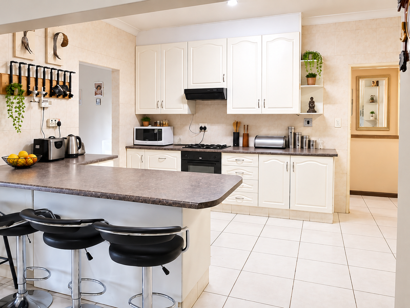 A functional kitchen featuring white cabinetry, a breakfast bar, built-in oven and hob, and tiled finishes throughout.