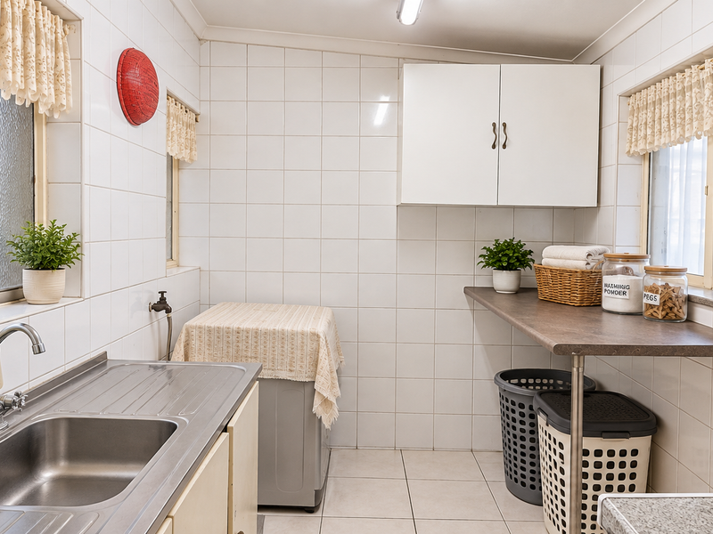 A functional laundry room featuring tiled walls, a stainless steel sink, built-in cabinetry, and ample counter space for utility tasks.