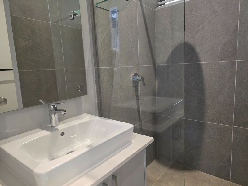 Modern bathroom featuring a sleek vanity with ceramic basin, chrome fixtures, and a spacious walk-in shower with floor-to-ceiling grey porcelain tiling.
