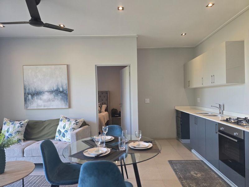 Modern open-plan living area featuring a sleek kitchen with built-in cabinetry, gas hob, and oven, seamlessly flowing into the dining and lounge space.