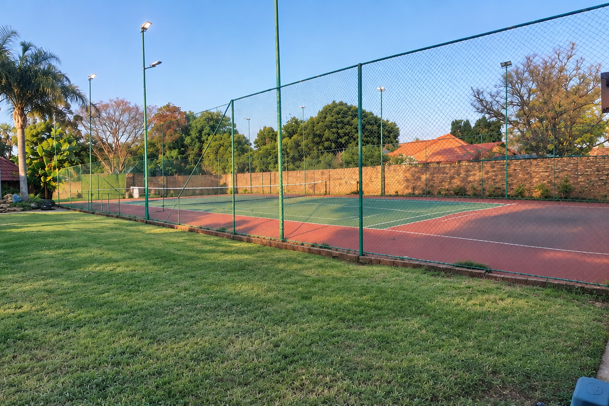 A well-maintained private tennis court featuring chain link fencing, floodlights, and an adjacent lawn area within a secure residential property.