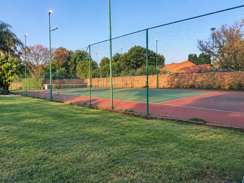 A well-maintained private tennis court featuring chain link fencing, floodlights, and an adjacent lawn area within a secure residential property.
