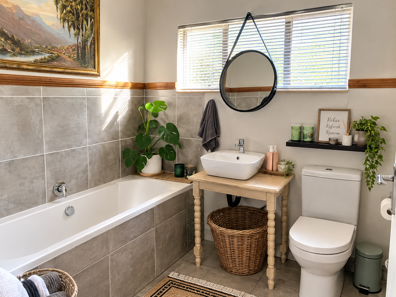 A well-maintained bathroom featuring a built-in bathtub with tiled surround, a modern vessel sink on a wooden vanity, and a standard toilet.