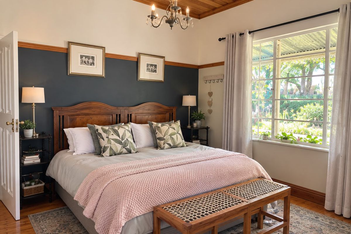 A well-maintained bedroom featuring warm timber ceilings, polished wooden floors, and a large window overlooking the garden, creating a bright and inviting atmosphere.