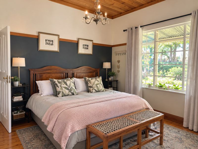 A well-maintained bedroom featuring warm timber ceilings, polished wooden floors, and a large window overlooking the garden, creating a bright and inviting atmosphere.