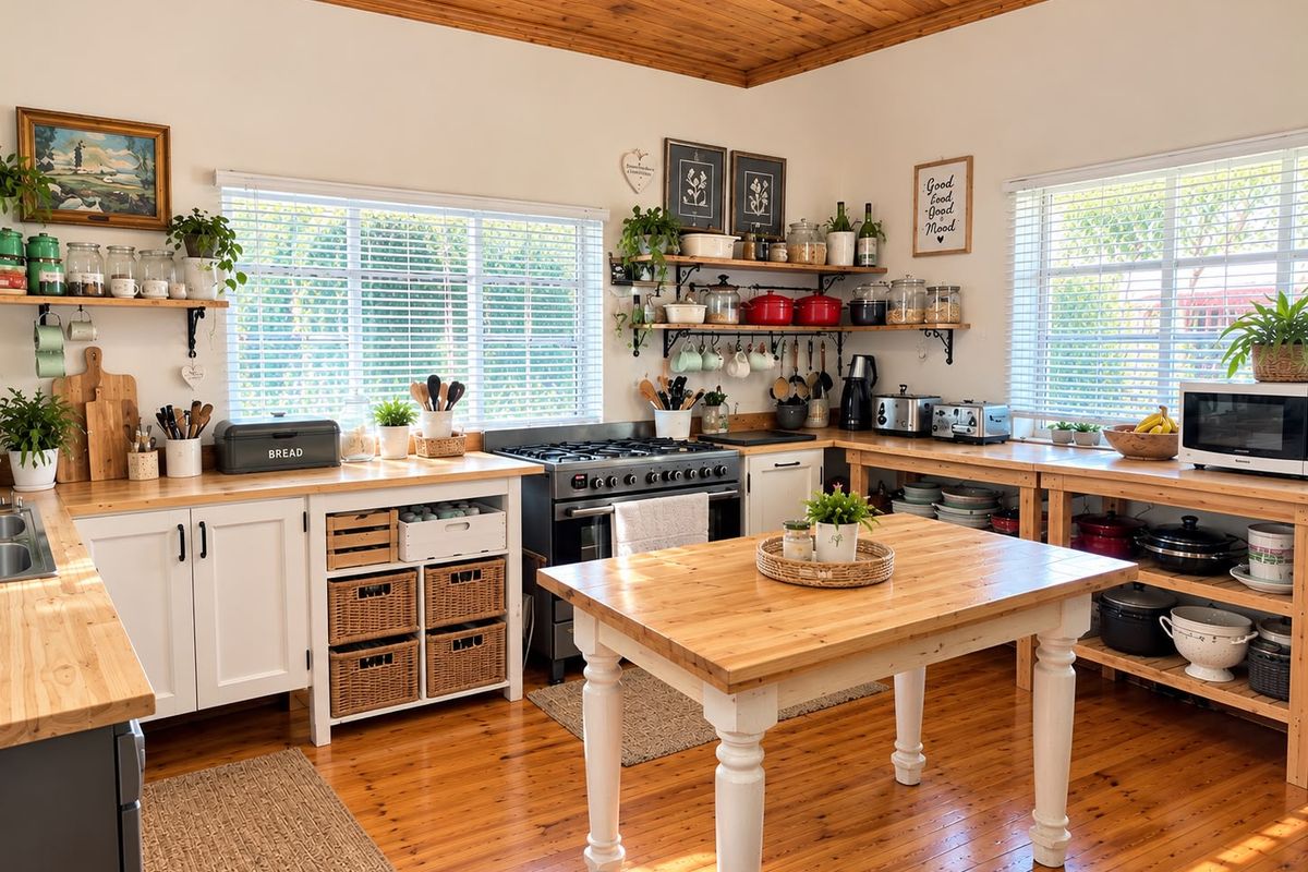 A charming country-style kitchen featuring warm timber flooring, a matching timber ceiling, solid timber countertops, and a functional gas stove.