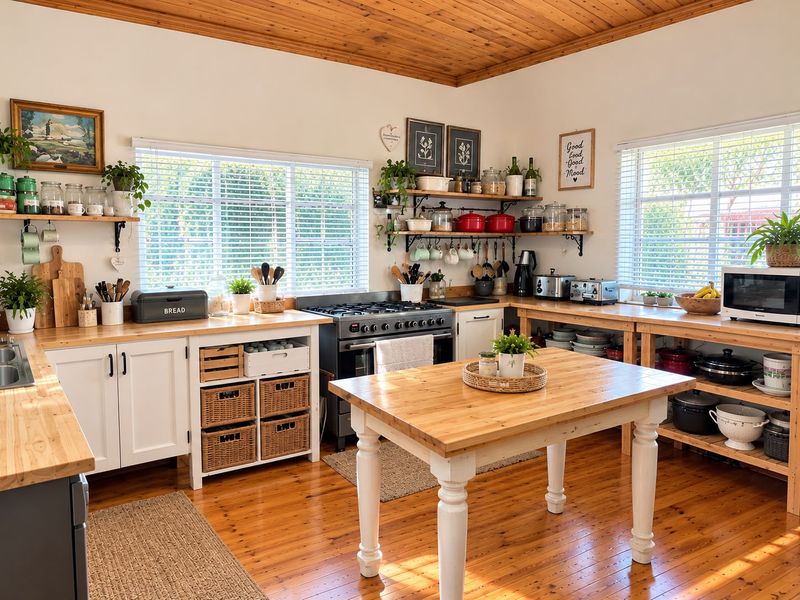 A charming country-style kitchen featuring warm timber flooring, a matching timber ceiling, solid timber countertops, and a functional gas stove.