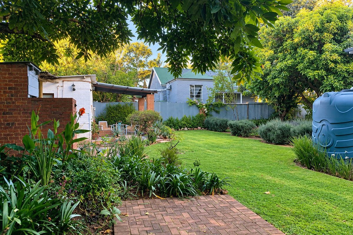 A well-maintained rear garden featuring a lush lawn, established garden beds, brick paving, and a large water storage tank.
