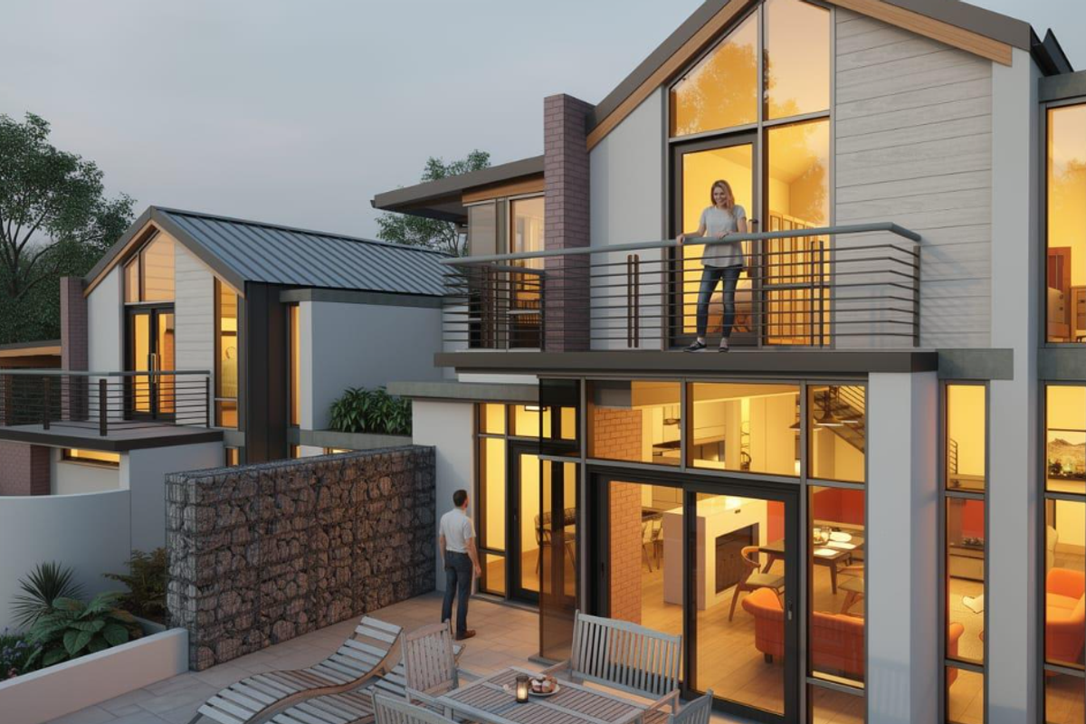 Modern multi-level residence featuring a rear patio, balcony with metal railings, large glass windows, and a distinctive gabion stone retaining wall.