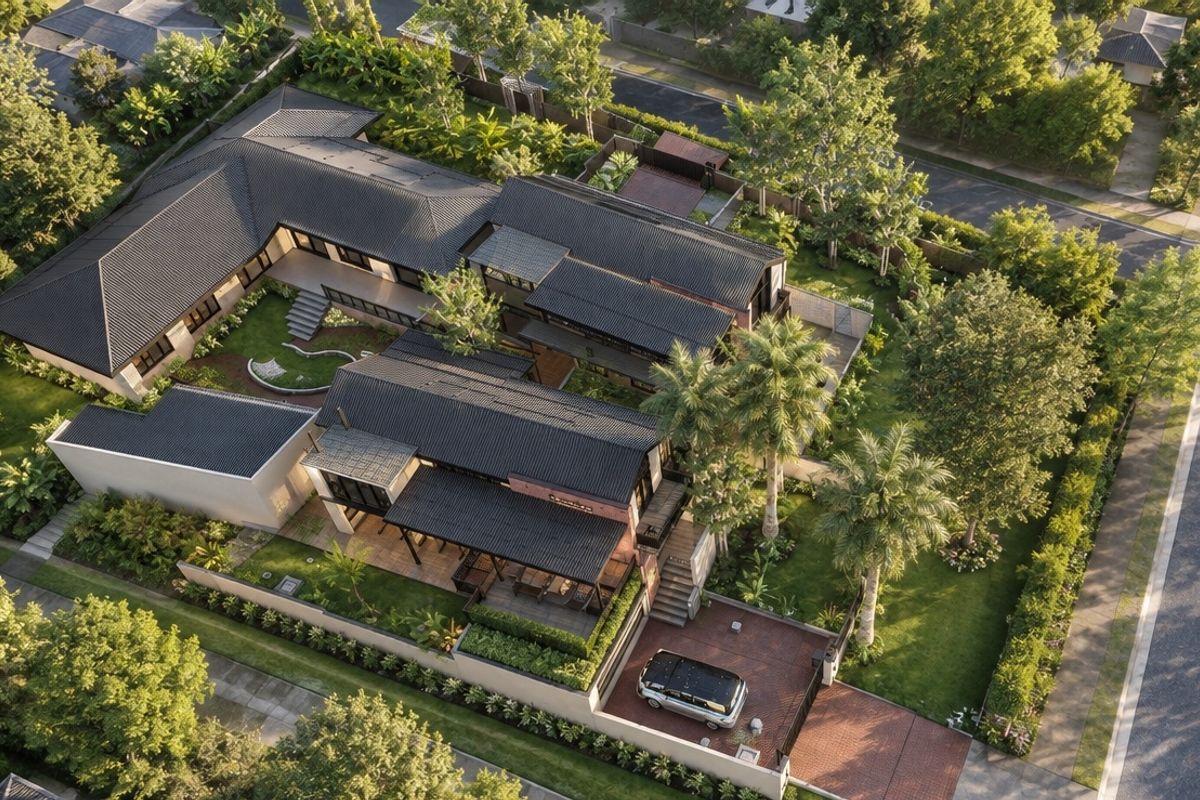 Aerial view of a modern residential property featuring a multi-wing house design, landscaped gardens, and a paved driveway.