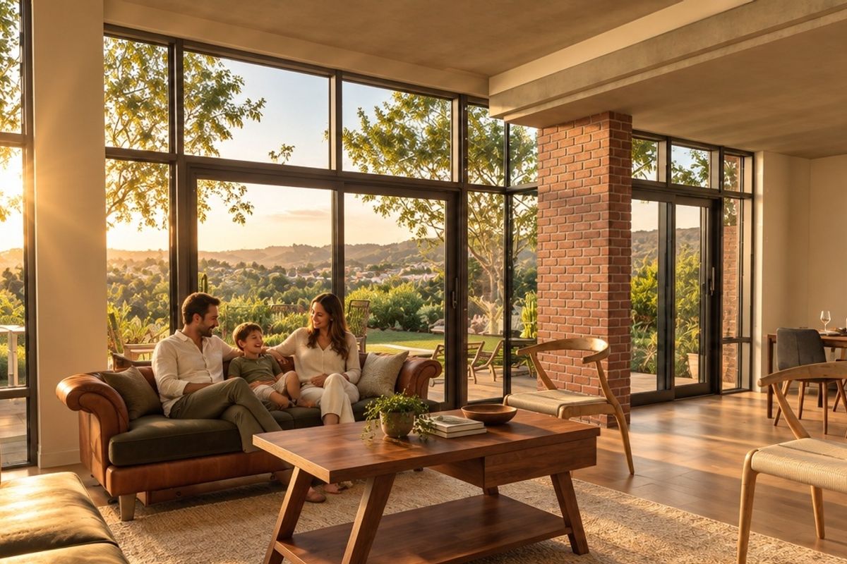 Spacious open-plan living area featuring floor-to-ceiling windows, exposed brick accents, and seamless access to the outdoor patio with scenic views.