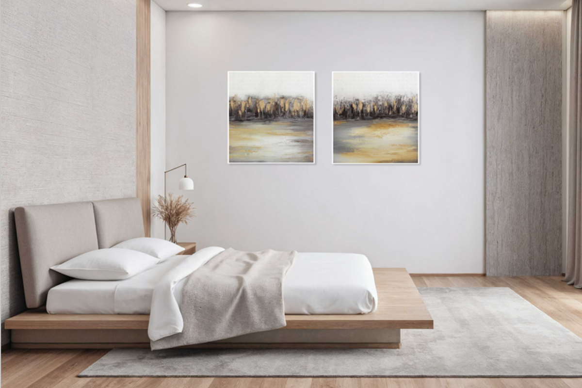 A modern, minimalist bedroom featuring timber flooring, recessed lighting, and a textured feature wall, creating a clean and serene sleeping environment.