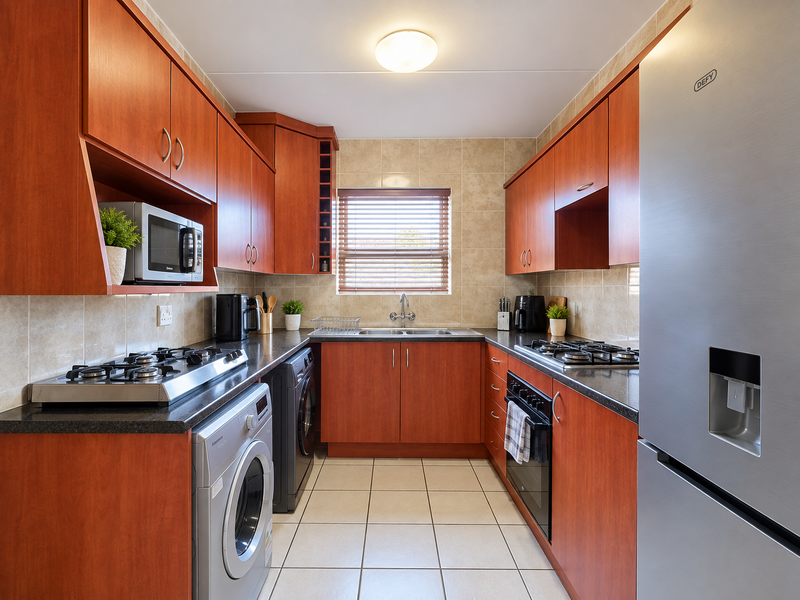 A functional U-shaped kitchen featuring warm-toned wooden cabinetry, dark countertops, a gas hob, built-in oven, and tiled finishes throughout.