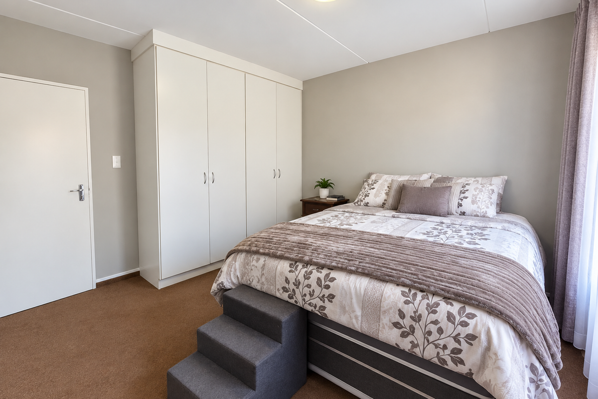 A well-maintained bedroom featuring neutral wall tones, fitted floor-to-ceiling built-in cupboards, and carpeted flooring, providing a clean and functional living space.