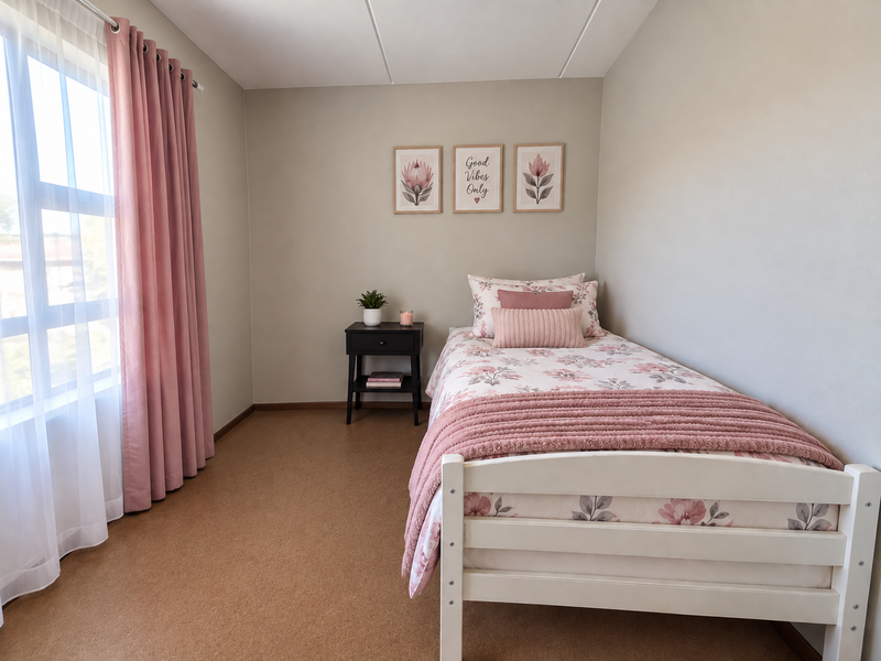 A well-maintained bedroom featuring neutral wall tones, large window with natural light, and durable cork flooring.