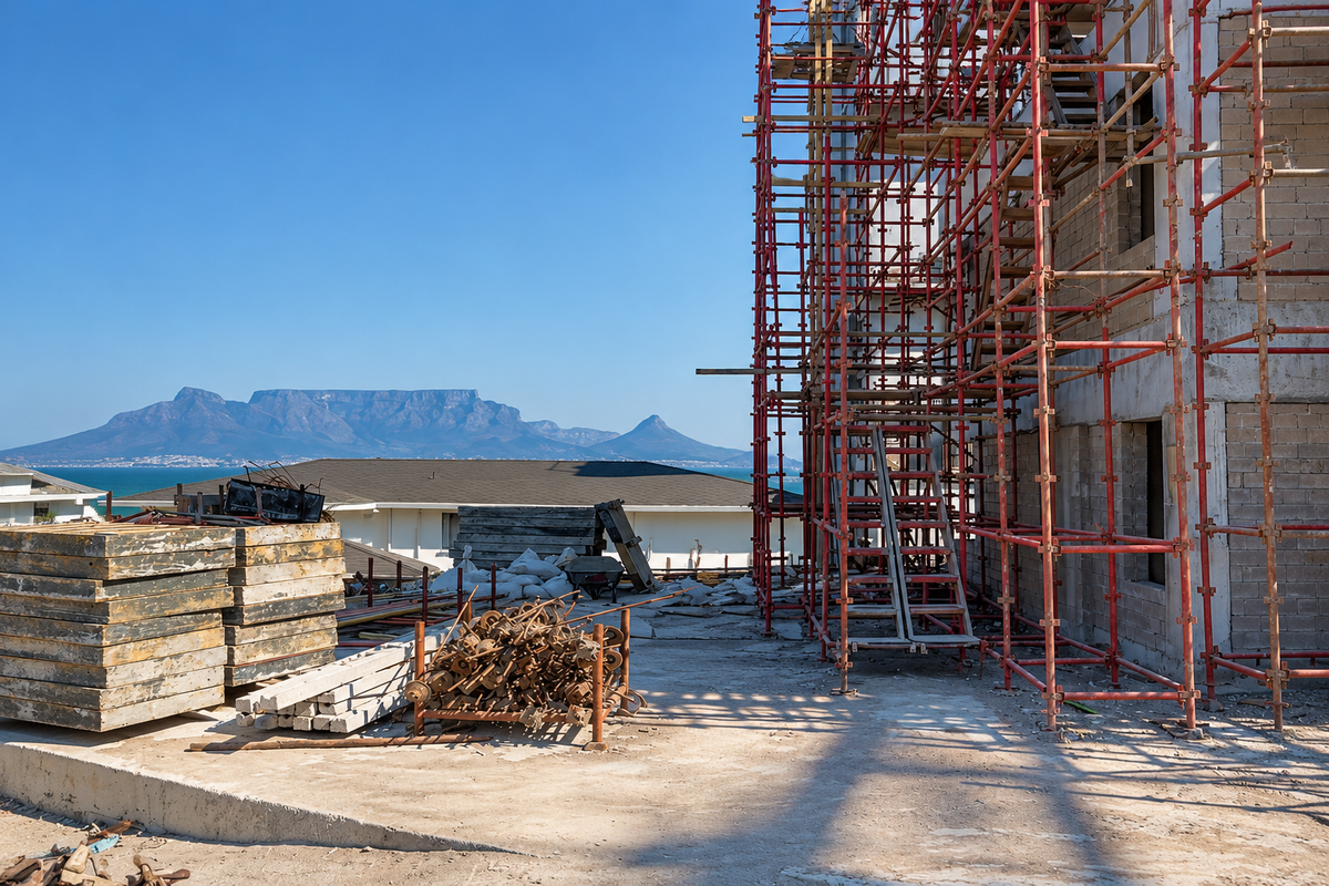 A construction site view featuring scaffolding against an unfinished building structure with a scenic mountain and ocean backdrop.