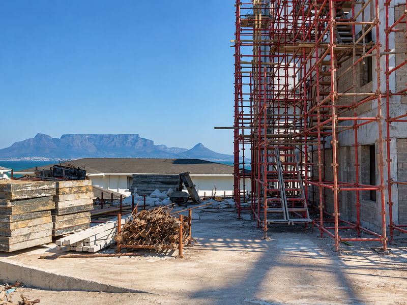 A construction site view featuring scaffolding against an unfinished building structure with a scenic mountain and ocean backdrop.