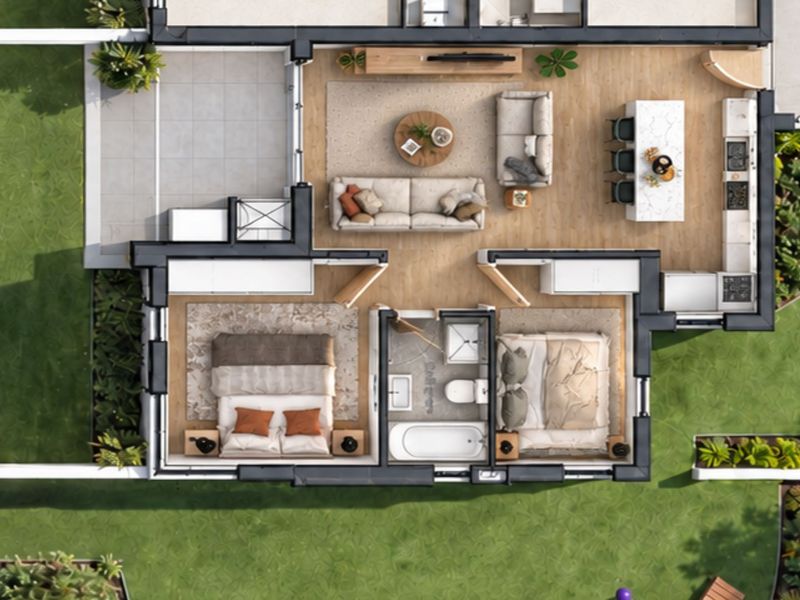 A detailed overhead floor plan showing a two-bedroom apartment layout with an open-plan kitchen, living area, bathroom, and outdoor patio space.