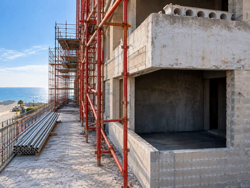 Exterior view of an apartment building under construction, featuring scaffolding, exposed concrete blockwork, and ocean views.