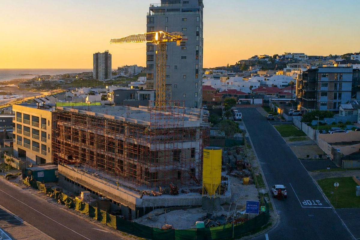 Aerial view of a multi-story apartment building under construction, featuring scaffolding and a crane, situated in a coastal neighborhood.