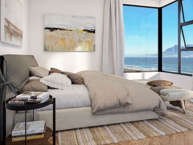 A modern bedroom featuring herringbone timber flooring and a large corner window offering expansive ocean and mountain views.