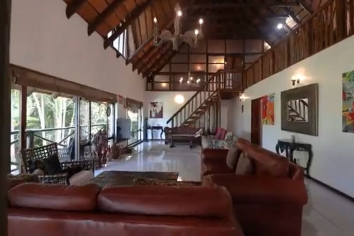 Spacious living area featuring a high vaulted timber ceiling, mezzanine level with staircase, and large sliding glass doors opening to the exterior.