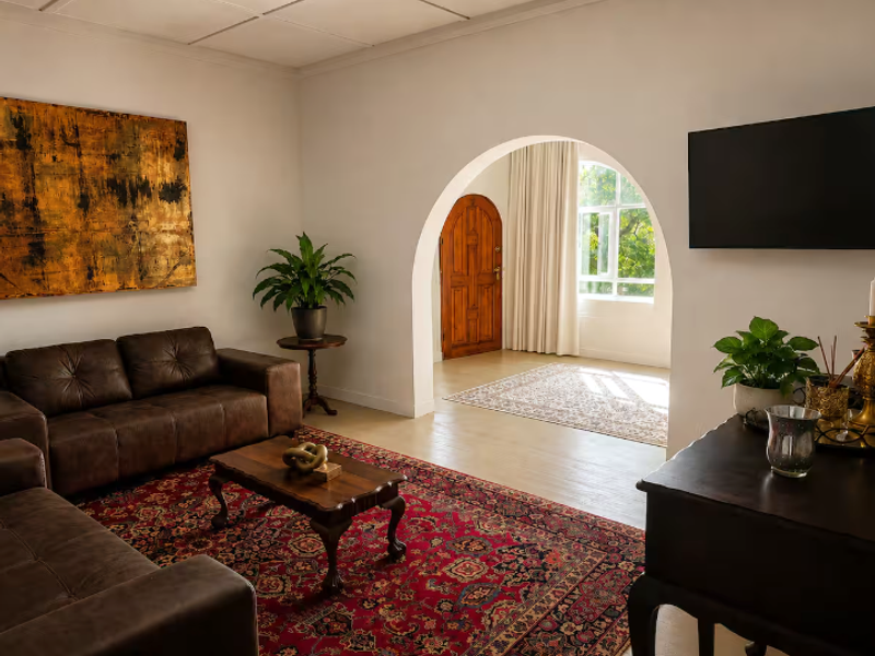 A well-lit living room featuring a distinctive arched doorway leading to an entrance area with a solid timber door and natural light.
