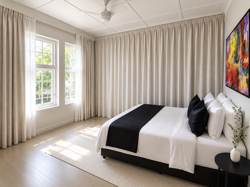 A bright and well-maintained bedroom featuring a grid-pattern ceiling, ceiling fan, timber-look flooring, and large sash windows with floor-to-ceiling curtains.