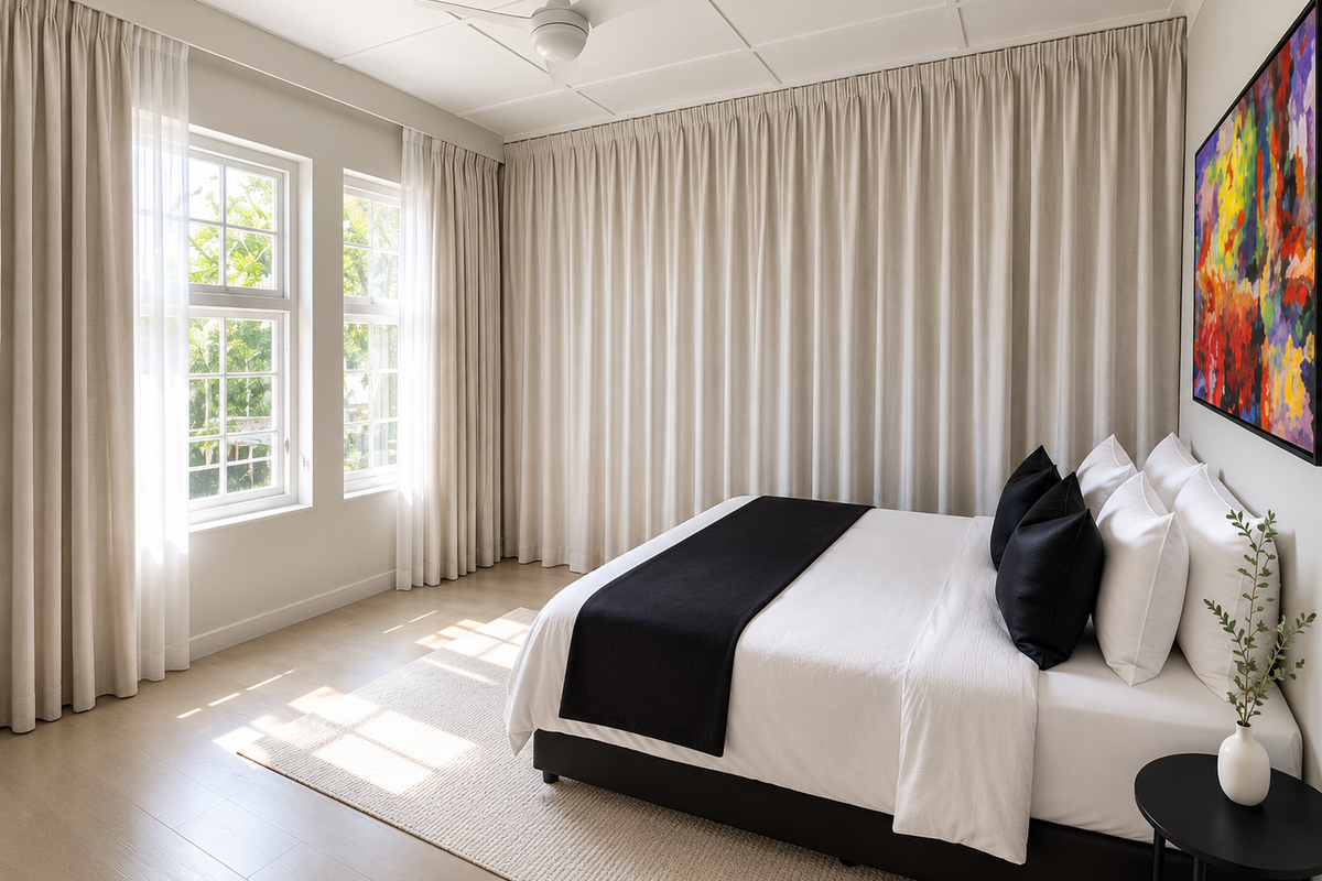 A bright and well-maintained bedroom featuring a grid-pattern ceiling, ceiling fan, timber-look flooring, and large sash windows with floor-to-ceiling curtains.