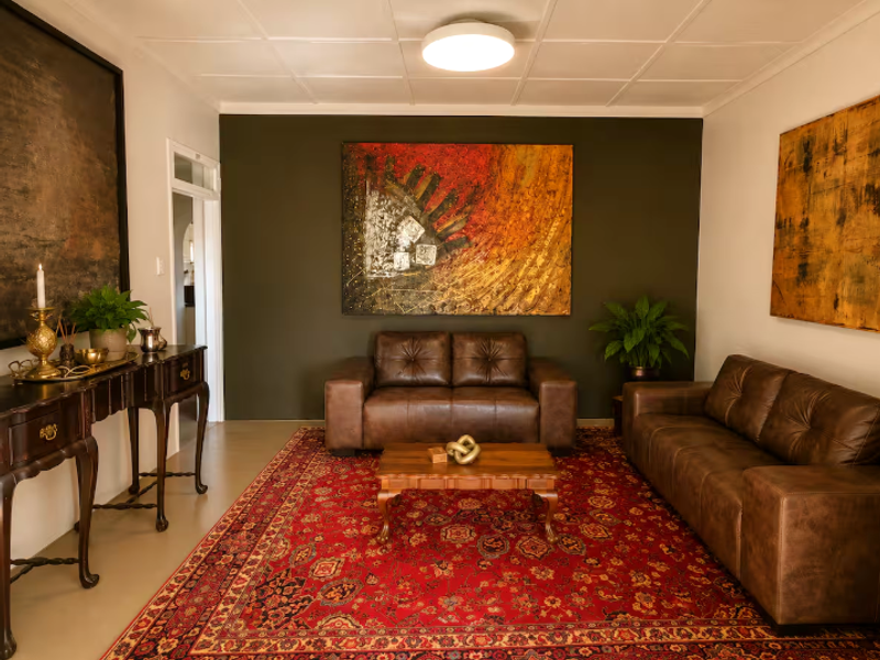 A well-maintained living room featuring a neutral tiled ceiling, flush mount lighting, and a dark accent wall.