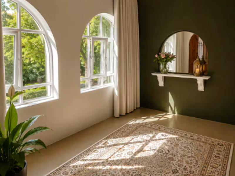 A bright living area featuring elegant arched windows, polished concrete floors, a modern circular pendant light, and a decorative built-in wall shelf.