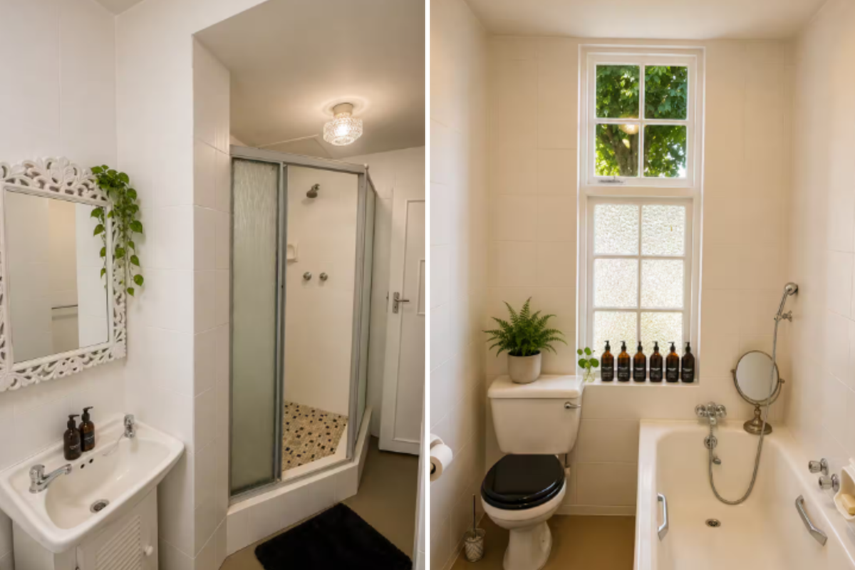 A functional bathroom featuring a separate shower enclosure, a bathtub with a handheld mixer, a basin, and a toilet with white wall tiling.