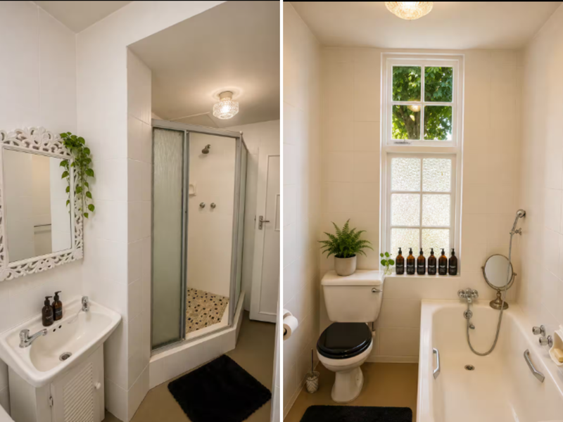 A functional bathroom featuring a separate shower enclosure, a bathtub with a handheld mixer, a basin, and a toilet with white wall tiling.