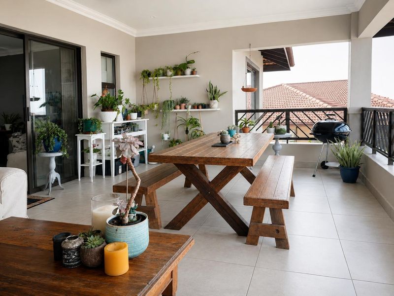 Spacious covered balcony featuring tiled flooring, a metal balustrade, and large sliding glass doors providing seamless indoor-outdoor flow.