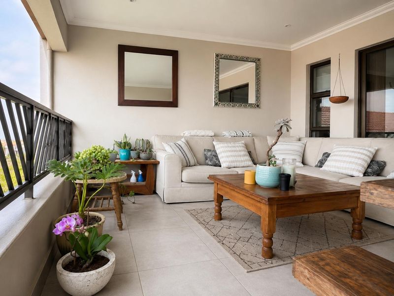 A spacious covered balcony featuring neutral tiled flooring, a secure metal balustrade, and recessed ceiling lighting, providing a comfortable outdoor living area.