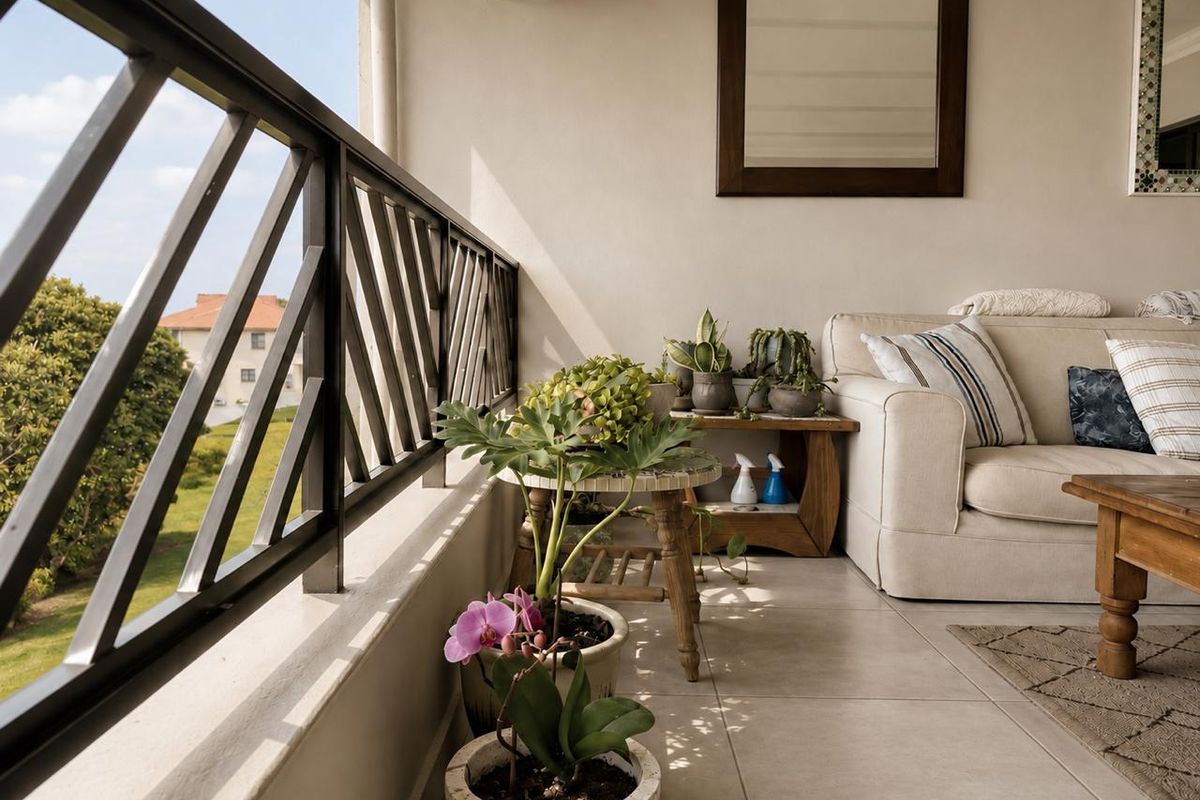 A covered balcony featuring tiled flooring and a metal balustrade, offering an outdoor living space with views of the surrounding area.