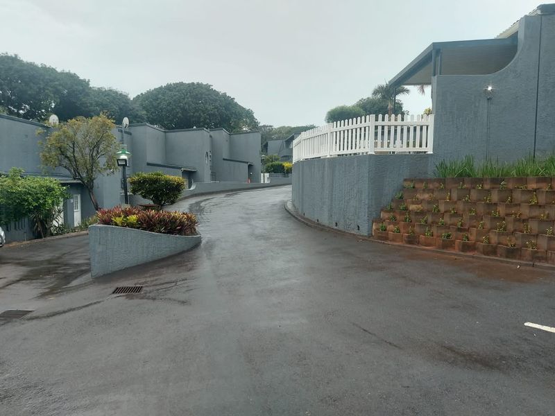 A view of the complex driveway and access road, featuring paved surfaces, retaining walls, and established exterior landscaping within the townhouse estate.