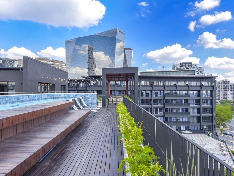 A modern rooftop pool area featuring timber decking, built-in seating, and a tiled pool edge, offering expansive urban views.