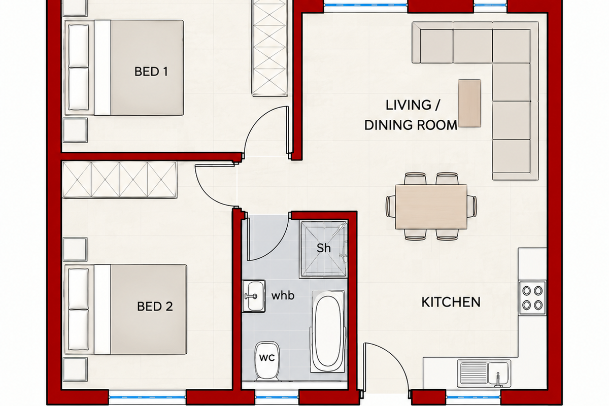 A clear 2D floor plan showing a two-bedroom apartment layout with an open-plan living, dining, and kitchen area, plus a central bathroom.