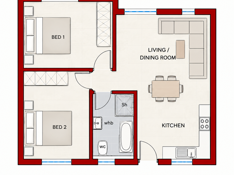 A clear 2D floor plan showing a two-bedroom apartment layout with an open-plan living, dining, and kitchen area, plus a central bathroom.