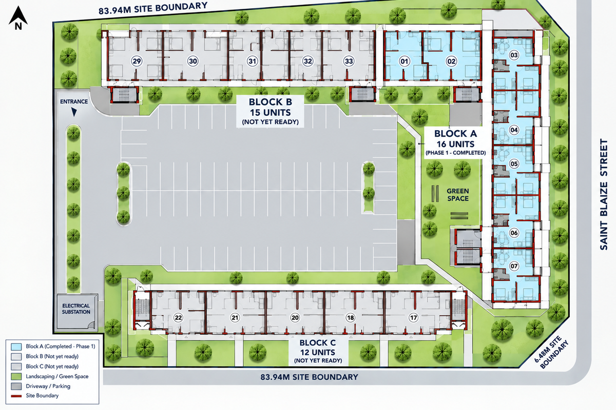 A comprehensive site plan showing the layout of three apartment blocks, parking facilities, and landscaped green spaces within the property boundaries.