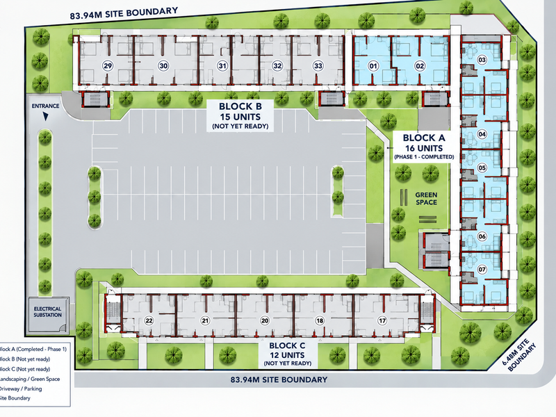 A comprehensive site plan showing the layout of three apartment blocks, parking facilities, and landscaped green spaces within the property boundaries.
