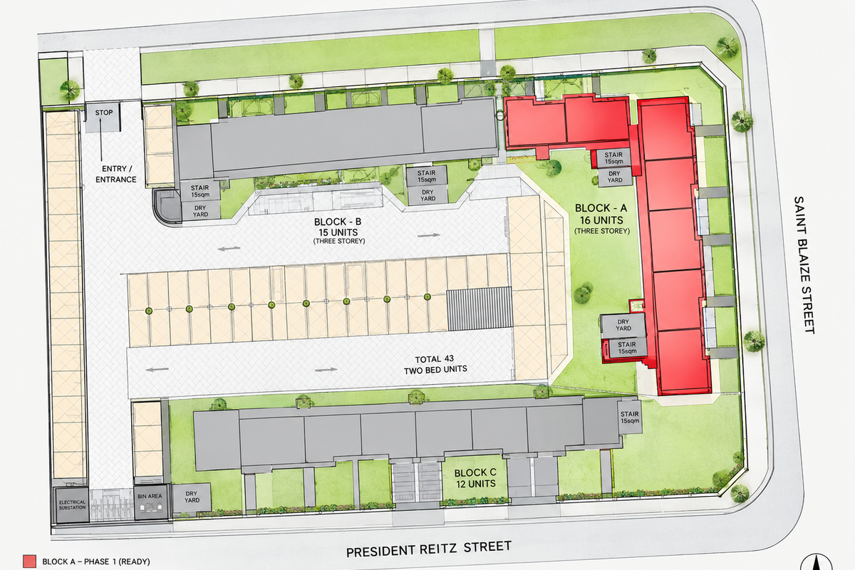 Site plan showing the layout of the apartment complex, including parking, staircases, dry yards, and building blocks.