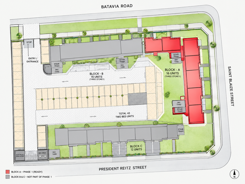 Site plan showing the layout of the apartment complex, including parking, staircases, dry yards, and building blocks.