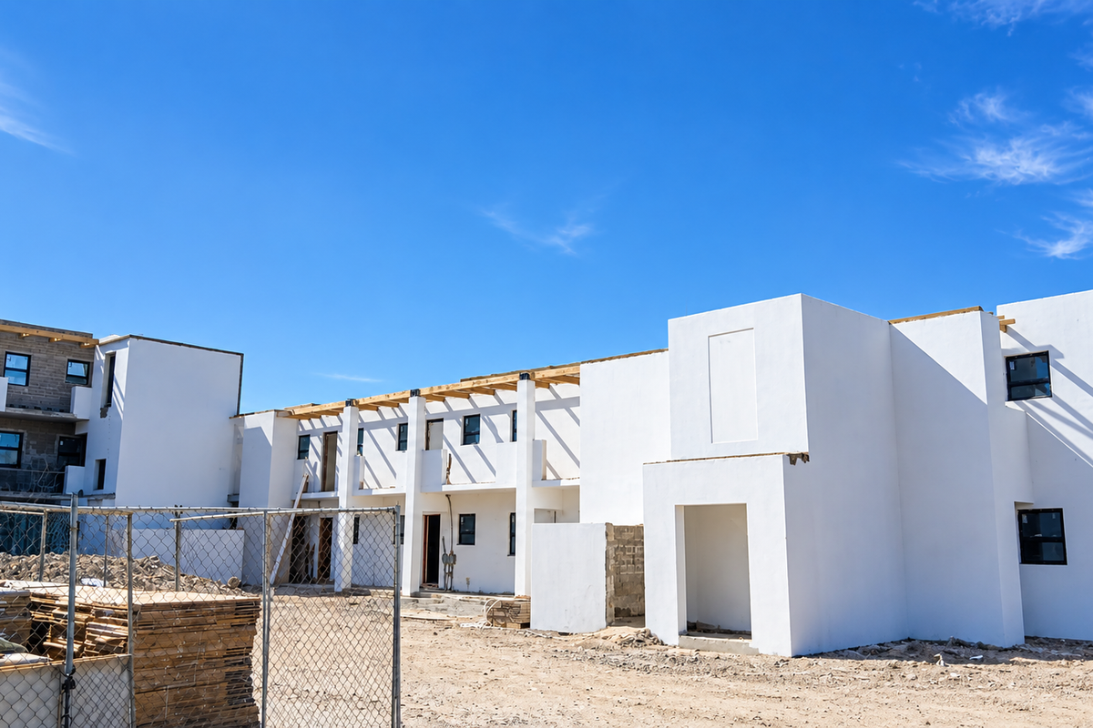 Exterior view of a multi-unit apartment complex currently under construction, featuring white rendered walls, timber roof structures, and aluminium window frames.