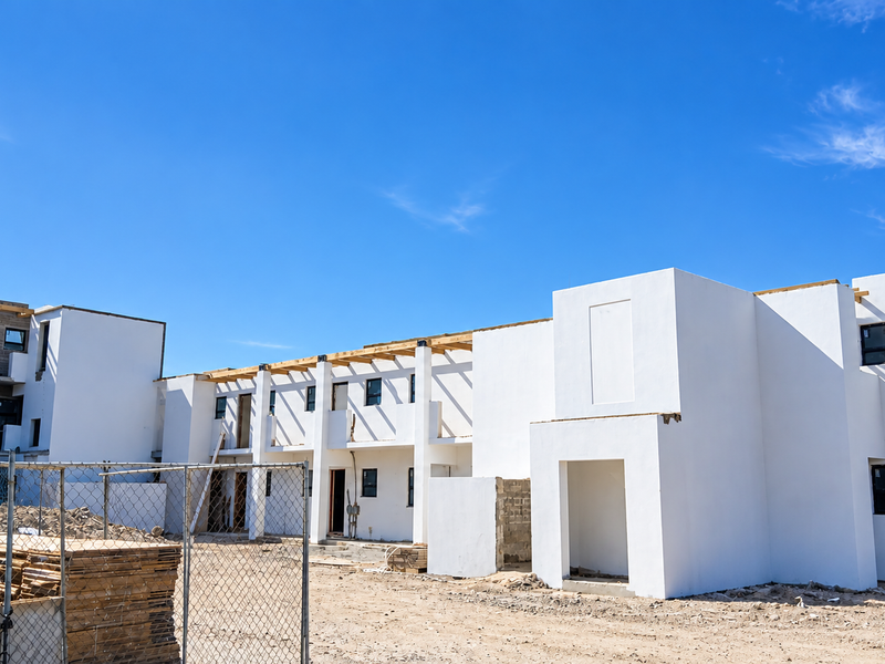 Exterior view of a multi-unit apartment complex currently under construction, featuring white rendered walls, timber roof structures, and aluminium window frames.
