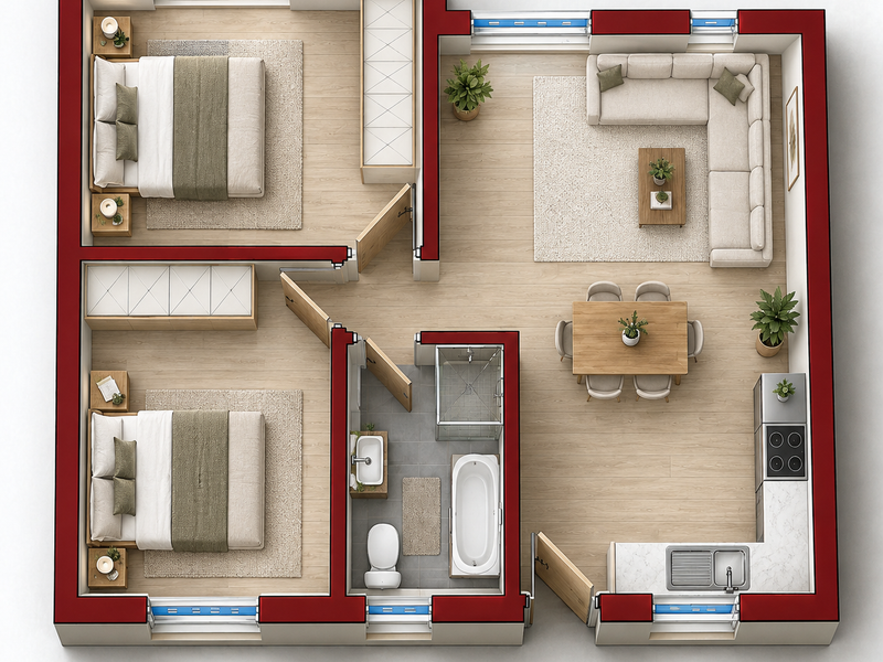 A detailed 3D floor plan of an apartment featuring two bedrooms, a central bathroom, and an open-plan kitchen, dining, and living area.