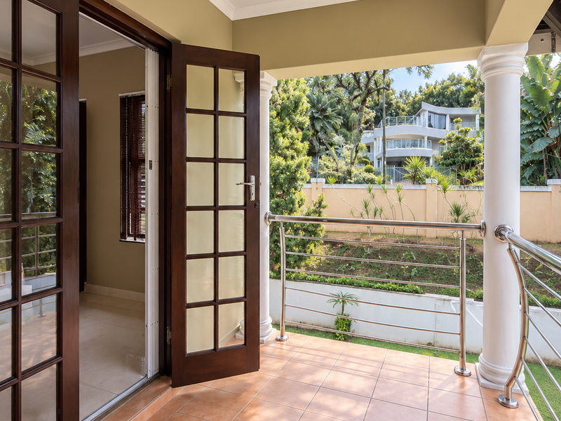 A covered balcony featuring tiled flooring, a stainless steel balustrade, and classic columns, providing a seamless transition to the outdoor garden area.